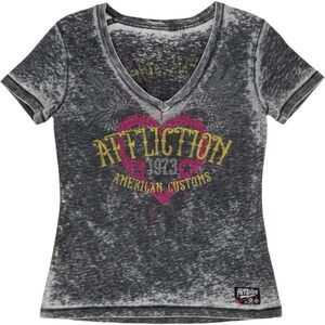 Affliction V-Neck T-Shirt Womens Large Grey Burnout Rhinestone Graphic Tee